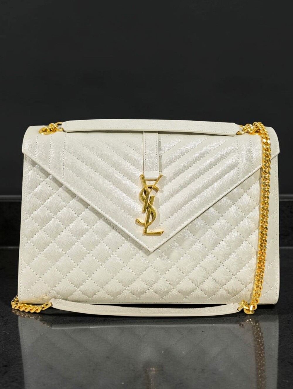 Saint Laurent Large Envelope Triquilt in Grained ivory Leather Gold Hardware - Picture 12 of 16